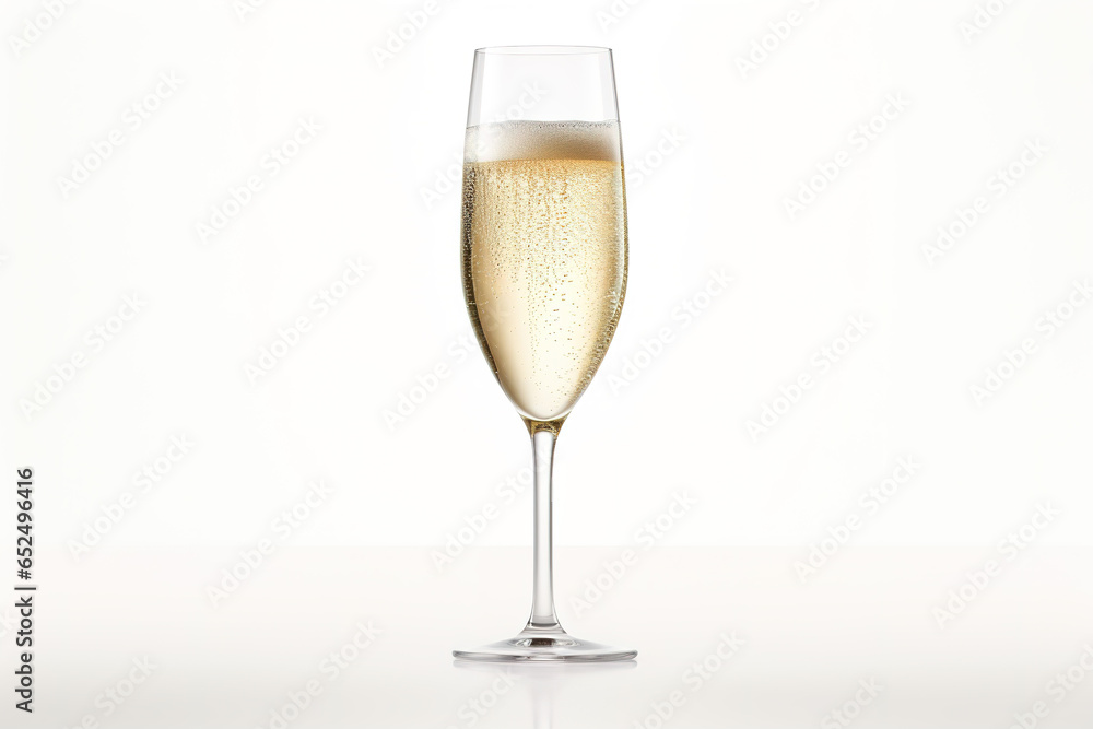 An elegant glass flute filled with bubbly champagne, with effervescent bubbles rising to the top, on white background An elegant glass flute filled with bubbly champagne, with effervescent bubbles rising to the top, on white background
