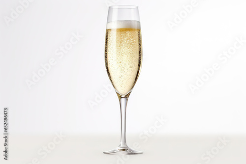 An elegant glass flute filled with bubbly champagne  with effervescent bubbles rising to the top  on white background