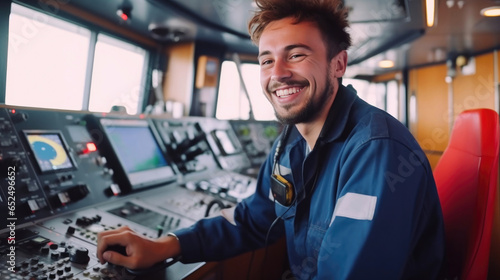 Fotografiet Joyful 20-Year-Old Captain Navigating a Modern Freight Ship