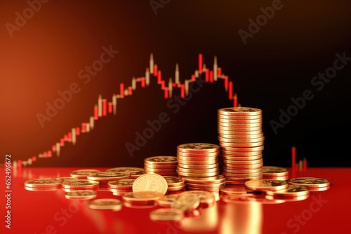 Decrease finance investment gold coin on money business stock red background with business concept.