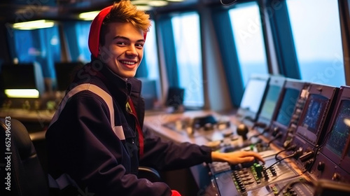 Young Ship's Captain Guiding a Contemporary Cargo Vessel photo