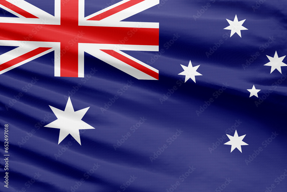 Fototapeta premium Australia flag is depicted on a sport stitch cloth fabric with folds