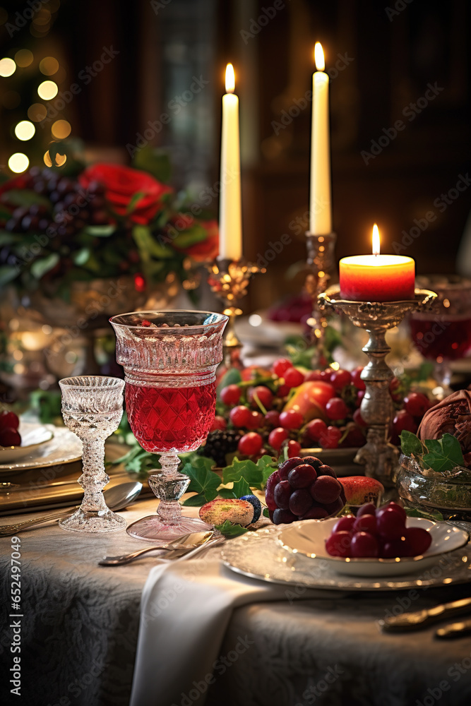 An elegant table setting prepared for a festive holiday dinner, with glittering decorations, candles, and a lavish spread of gourmet food