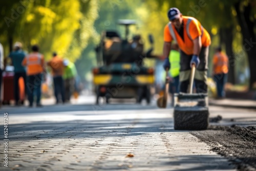 Road Construction Workers, Construction Site is Laying New Asphalt Road Pavement, Generative AI Illustration