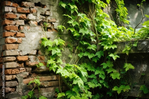 Verdant ivy clinging to crumbling bricks