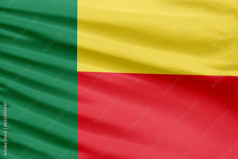 Benin flag is depicted on a sport stitch cloth fabric with folds