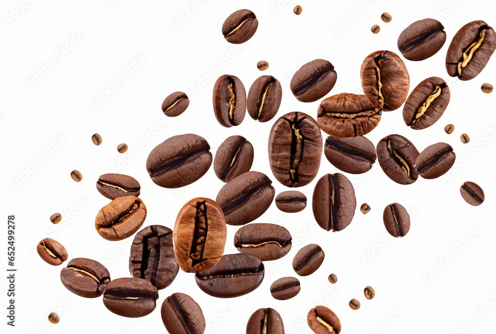 Flying coffee beans on white backgrounds Flying coffee beans on white backgrounds