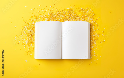 Blank pages of an open book rest delicately on a yellow background. Open white paper on top of yellow surface creating a vivid contrast.