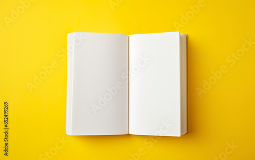 Blank pages of an open book rest delicately on a yellow background. Open white paper on top of yellow surface creating a vivid contrast.