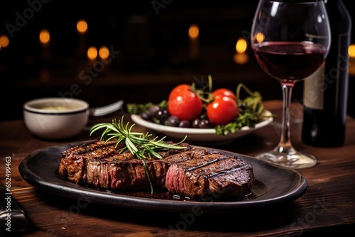 steak and glass of wine on a table