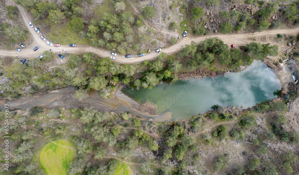Done aerial image lake in the forest . Nature park in the forest. Troodos Cyprus