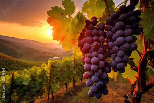 grapes are hanging from a vine in a vineyard at sunset