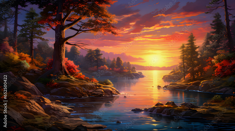 painting of a sunset over a river with a tree and rocks Generative AI ...