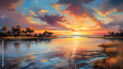 painting of a sunset over a lake with a body of water Generative AI