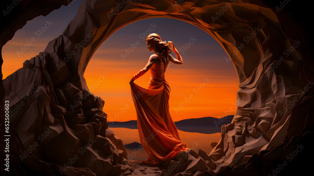arafed woman in a long dress standing in a cave Generative AI