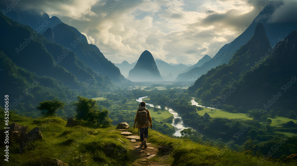 there is a man standing on a mountain top looking at a valley Generative AI there is a man standing on a mountain top looking at a valley Generative AI