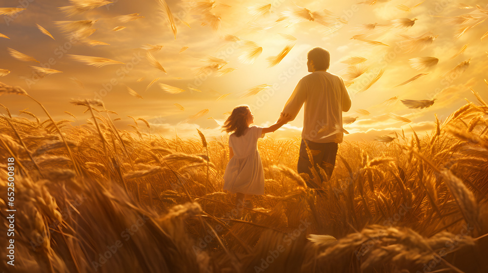 there is a man and a little girl walking through a field of wheat Generative AI