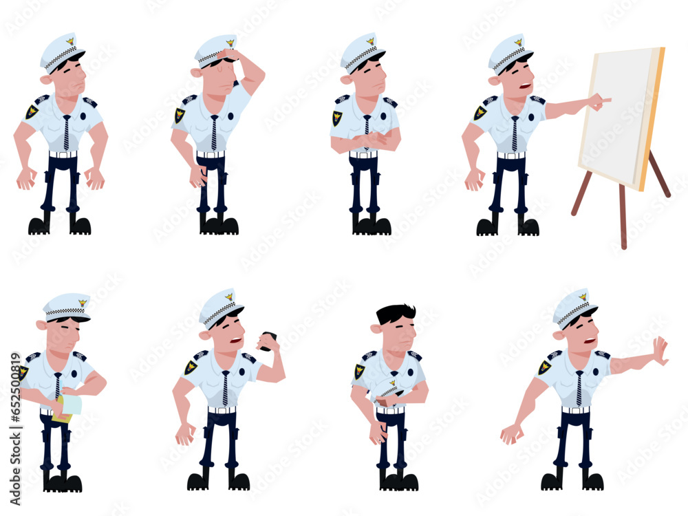 Police man in eight different positions. Unarmed. Friendly situation. Public security service. Korean police