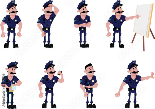 Police man in eight different positions. Unarmed. Friendly situation. Public security service. New York police photo