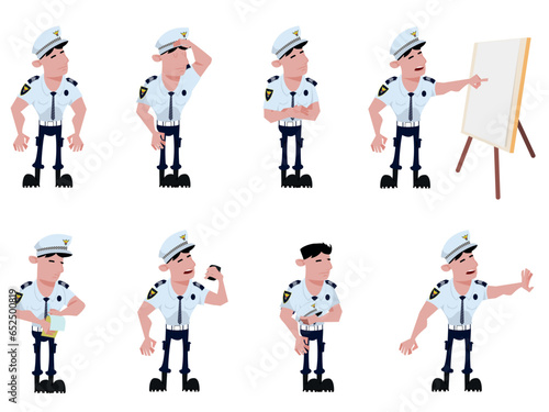 Police man in eight different positions. Unarmed. Friendly situation. Public security service. Korean police