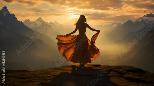 araffe woman in a long dress standing on a mountain top Generative AI photo