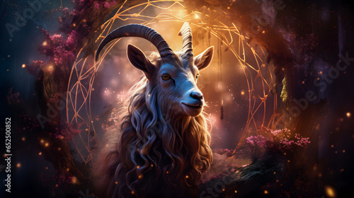 there is a goat with long hair and a large horn Generative AI