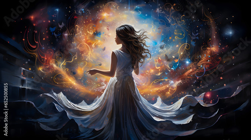 painting of a woman in a white dress standing in front of a bright light Generative AI photo