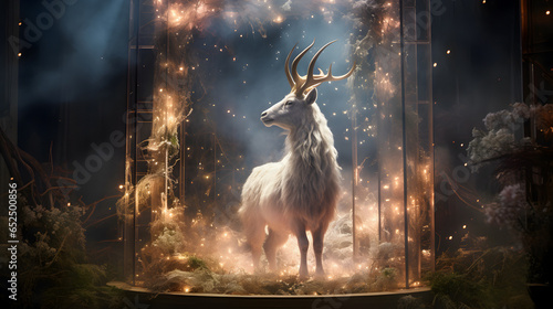 there is a deer in a glass case with a lot of lights Generative AI photo