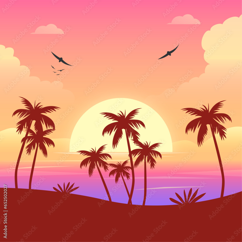 Summer background with sunset and palm trees landscape gradient tropical sunset