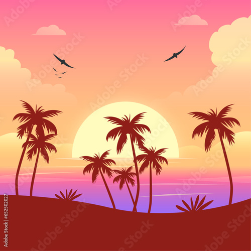 Fototapeta Naklejka Na Ścianę i Meble -  Summer background with sunset and palm trees landscape gradient tropical sunset