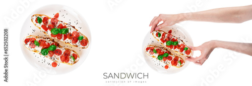 Sandwich with fried toast, cream cheese and tomatoes isolated on white background. Italian bruschetta.