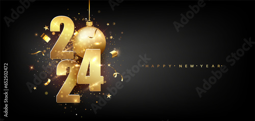 Happy New 2024 Year. Holiday vector illustration of golden metallic numbers 2024. Gold Numbers Design of greeting card of Falling Shiny Confetti. New Year and Christmas posters