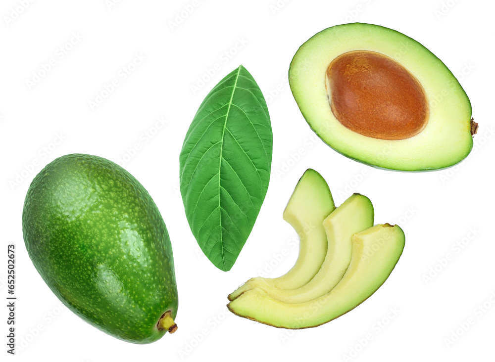 avocado and slices isolated on white background with copy space for your text. Top view. Flat lay avocado and slices isolated on white background with copy space for your text. Top view. Flat lay