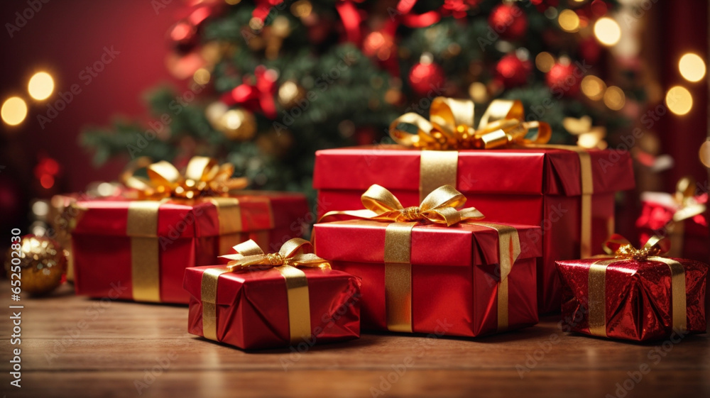 Empty wooden table with blurred Christmas tree and gifts, space for text and product presentation Empty wooden table with blurred Christmas tree and gifts, space for text and product presentation