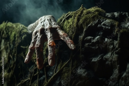 A ghastly zombie hand emerging from the natural world, invoking eerie horror
