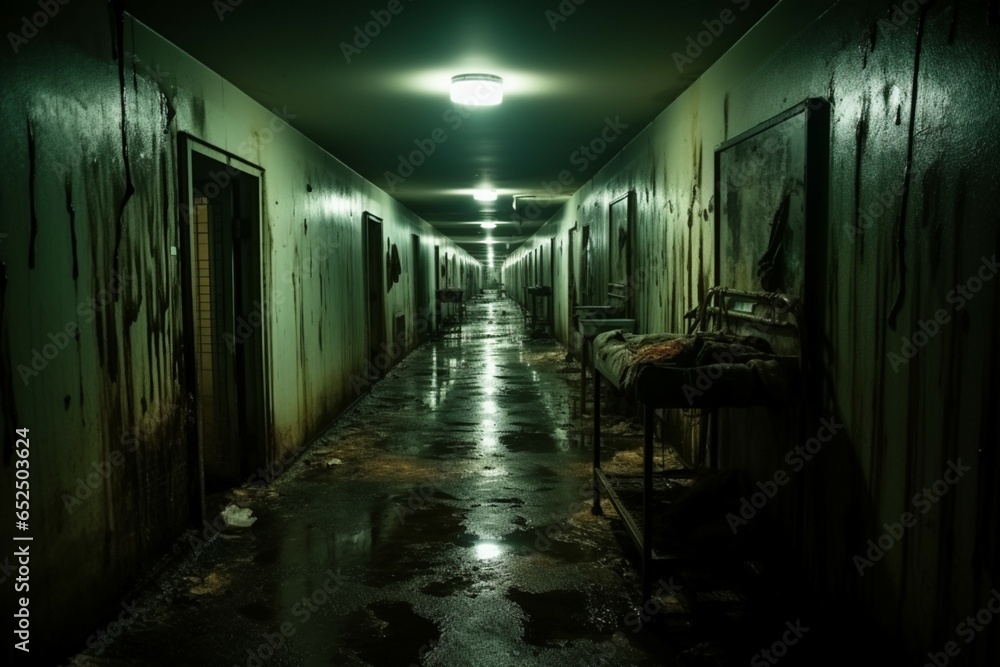 Deserted psychiatric hospital alley, shrouded in unsettling abandonment and eerie silence