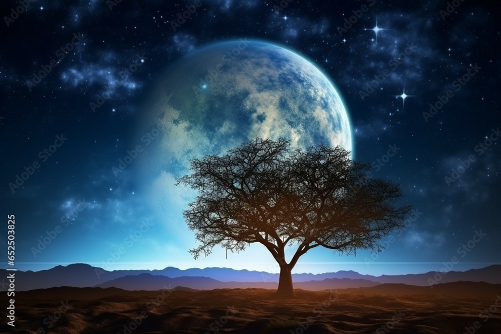 Elegant tree silhouette etched against the vast space sky, beneath the moon
