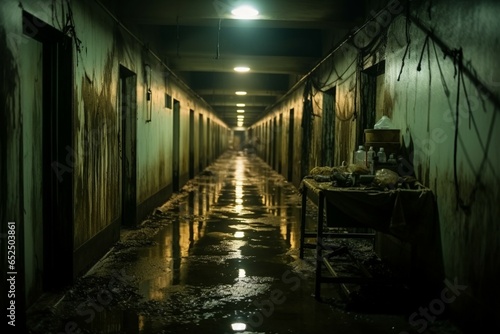 Forgotten alleyways within a haunting psychiatric hospital's decaying, eerie labyrinth