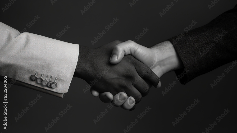 Handshake close up. Black and white illustration of the handshake of two businessmen. The concept of equality and mutual assistance.