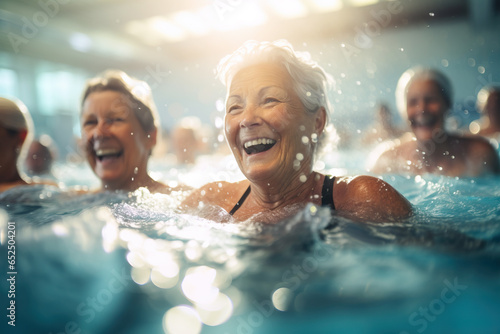 Group of Elderly Women During Water Aerobics in a Swimming Pool photo