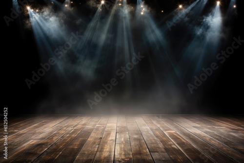 Empty Wooden Stage Illuminated by Spotlights with Smoke Float Up on Dark Background