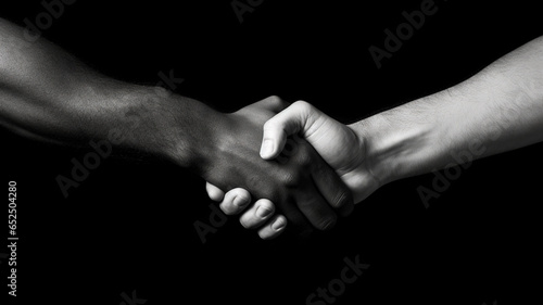 Horizontal shot of a handshake between an African American and a Caucasian. Athletes shaking hands before sports competition. Concept of friendly international relations