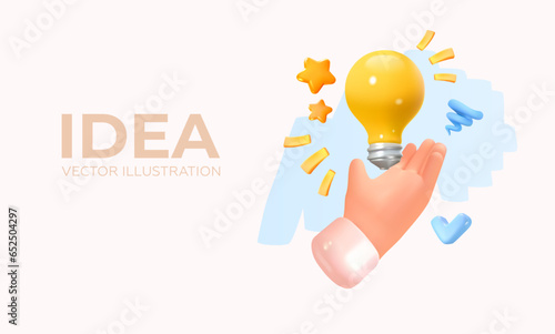 Lamp in hand. Idea or solution concept. In realistic 3D style. Vector illustration.