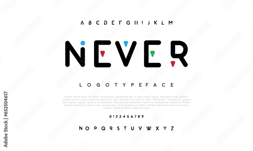 Never Modern abstract digital alphabet font. Minimal technology typography, Creative urban sport fashion futuristic font and with numbers. vector illustration - obrazy, fototapety, plakaty 