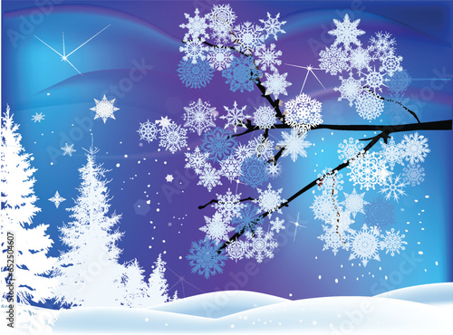 snowflake lush branch on blue