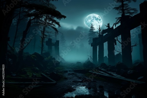 Spine chilling scenes cloaked in mist and bathed in eerie moon's glow
