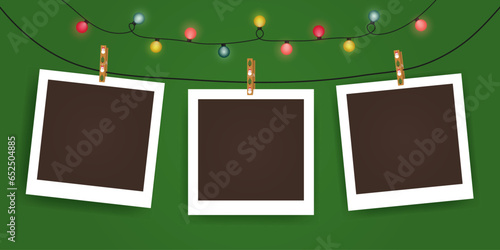 Set of empty photo frame mockup with christmas lights, pimple, christmas tree, snowman. Black and white photo frame template with shadows. Realistic blank frame vector on green background. New year.