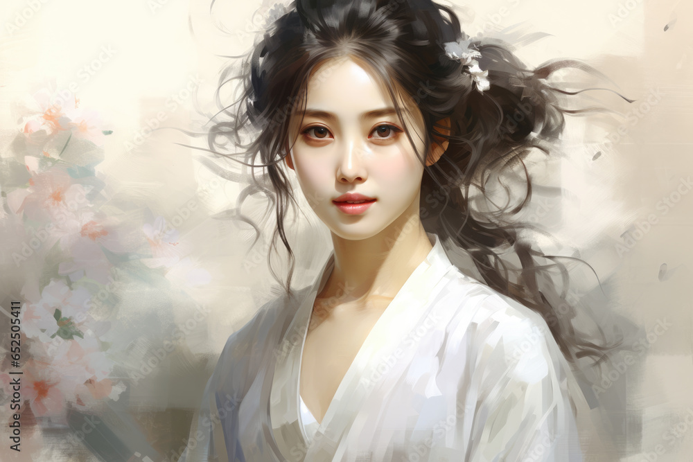 A beautiful painting of a woman with long flowing hair. This artwork captures the elegance and grace of the subject. Perfect for adding a touch of sophistication to any space.