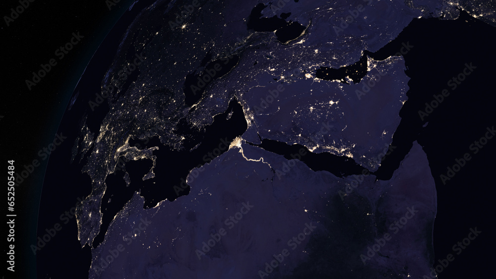 Planet Earth focused on Europe by night. Illuminated cities on dark side of the Earth. Elements of this image furnished by NASA - obrazy, fototapety, plakaty 