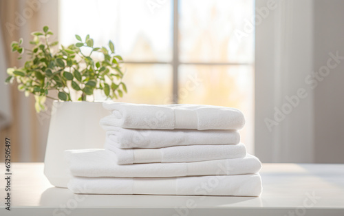 Carefully arranged white bath towels adorn a white table. Minimalist composition of elegant and serene bath and face towels. White bath towels on the table.